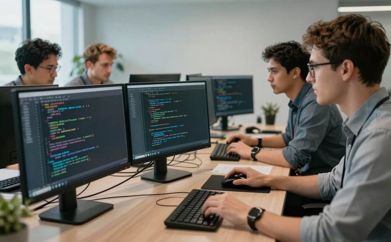 Professional photography of a team of cybersecurity experts in a modern North American office, analyzing code on multiple high-end monitors with a focus on a collaborative, tech-focused environment.