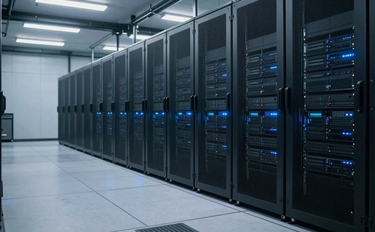 A wide-angle interior photograph of a state-of-the-art North American data center, featuring rows of server racks with soft blue ambient lighting and a clean, polished floor.