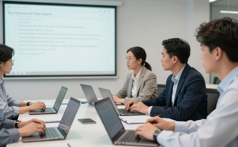 Photography of a brightly lit, modern corporate classroom in the United States, where adult professionals are engaged in a technical workshop with laptops and a digital whiteboard.