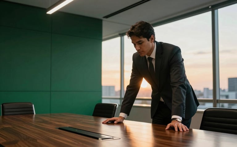 A focused professional in a modern South American / Brazilian corporate boardroom during a sunset, leaning over a polished dark wood table, warm natural lighting, with accents of dark emerald green and sage green in the office decor, high-end professional photography style.