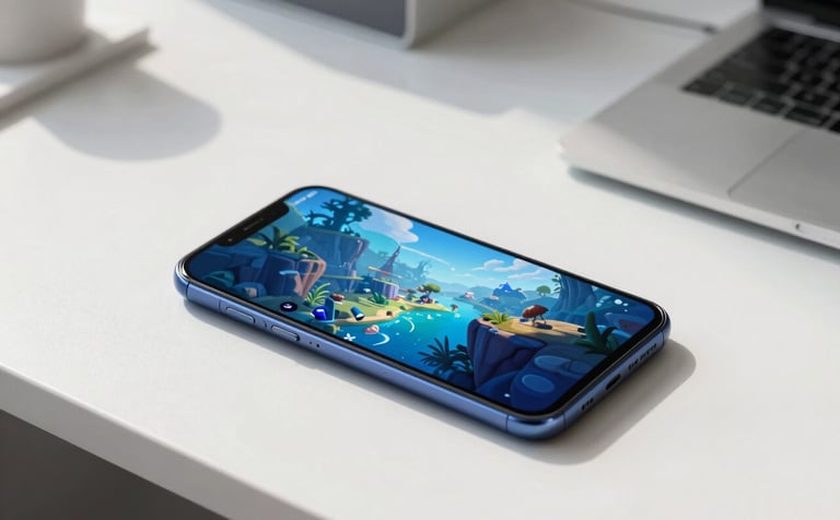 A high-quality photography shot of a sleek Android smartphone resting on a minimalist white desk in a sunlit North American office. The screen glows with a vibrant 3D mobile game featuring deep blue and sky blue environments. The composition is clean and professional.