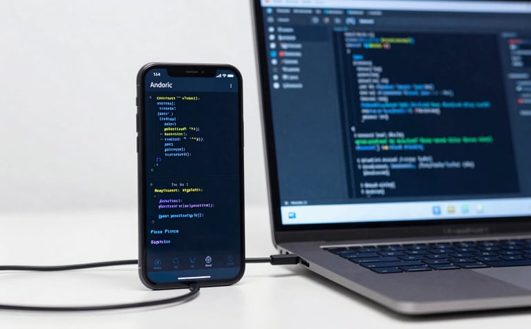 A close-up photograph of an Android development environment in a bright North American studio. An Android device is connected to a laptop showing lines of code. The workspace is clean, featuring Alice blue and deep blue tones, signifying technical prowess.