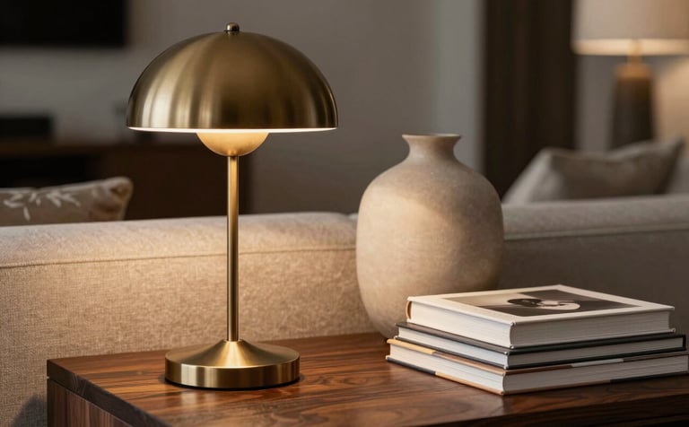 A close-up photograph of a beautifully decorated living space in a Southern European / Spanish (Madrid) luxury home. It features a bronze lamp, a minimalist beige vase, and a stack of art books on a dark wood table. The lighting is warm and atmospheric, highlighting the rich textures.