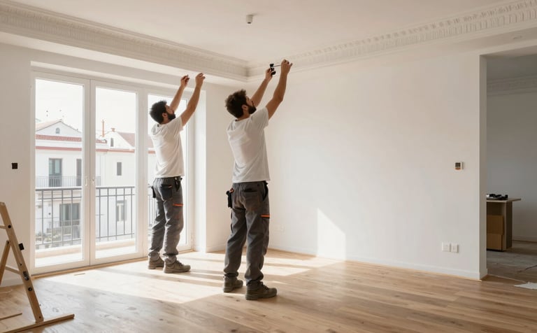 A high-end, bright apartment renovation in progress in a luxurious Madrid neighborhood. The scene shows minimalist white walls, premium oak flooring being installed, and professional craftsmen in clean attire working on a detailed ceiling moulding. Soft morning light enters through large balcony doors typical of Southern European architecture.