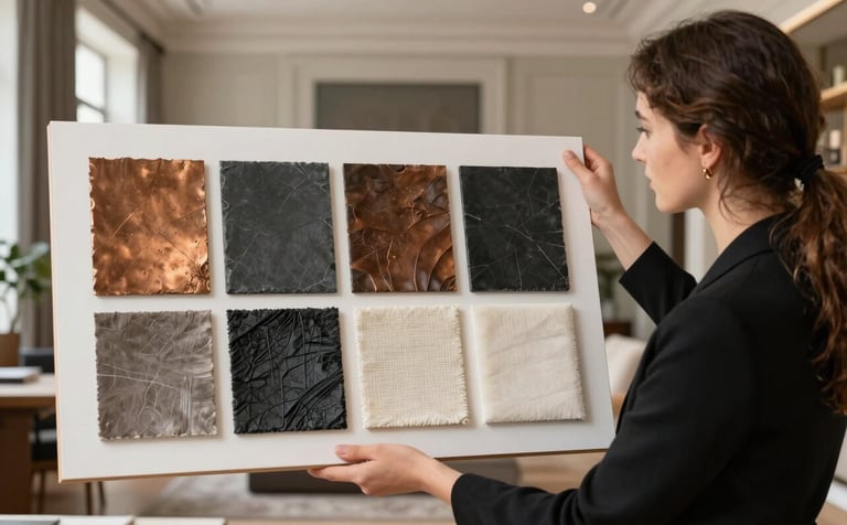 A sophisticated and minimalist interior design studio setting in Madrid. A professional designer is presenting a mood board with textures of bronze, dark slate, and cream fabrics. The background features a blurred view of an elegant, high-ceilinged room in a Southern European / Spanish (Madrid) building.