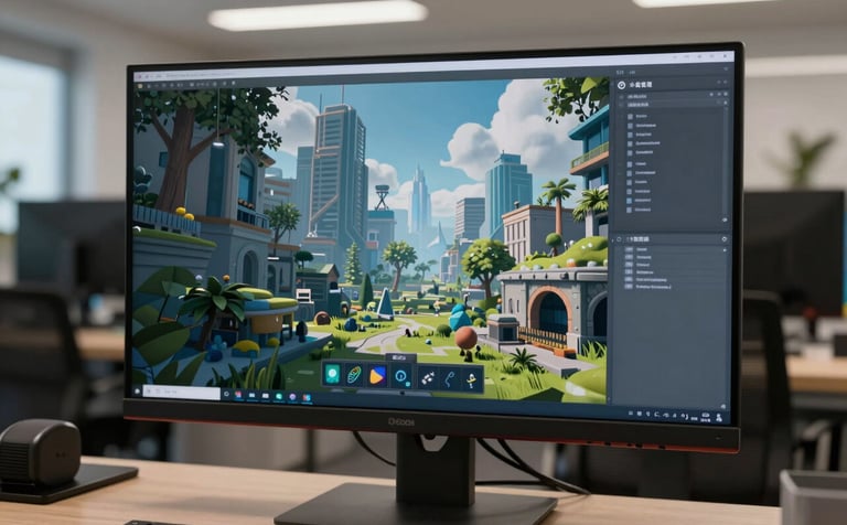 A creative game development office in a North American / International city. A widescreen monitor showcases a lush 3D environment for a modern video game. The lighting is crisp, emphasizing soft cloud gray and dark steel blue accents.