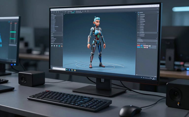 A professional 3D animation workstation in a North American / International creative studio. The screen shows a highly detailed 3D character with complex rigging. The atmosphere is innovative and sleek, featuring dark steel blue and slate blue-gray tones.