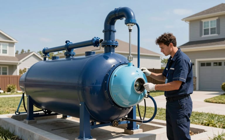 Photography of a modern residential sewage treatment plant installation in a North American suburban backyard. A technician in a professional uniform is inspecting the sleek equipment. Bright daylight, clear blue sky, with a brand palette of deep navy and light blue accents. Professional and clean aesthetic.