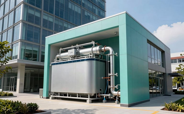 Architectural photography of a contemporary commercial office complex in North America with a specialized water purification unit integrated into the facility area. The scene is professional and innovative, utilizing teal and sky blue colors in a clean, tech-focused environment.