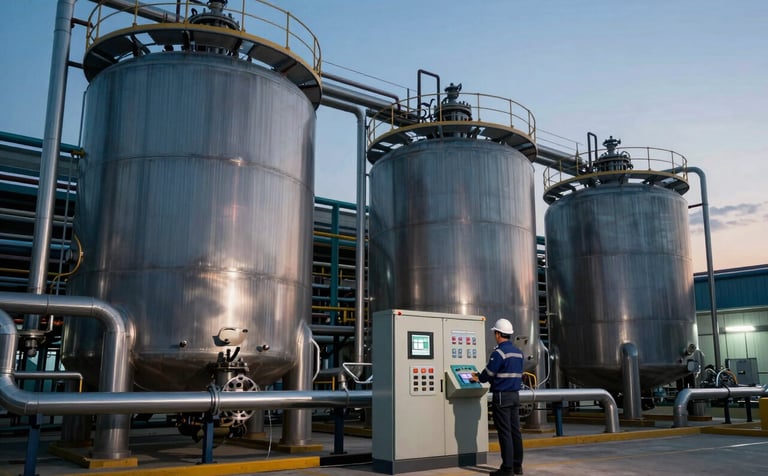 Industrial photography of a large-scale wastewater treatment facility in North America. Massive stainless steel tanks and complex piping systems under twilight lighting. A professional engineer stands near a high-tech control panel. Tones of deep navy, teal, and silver.