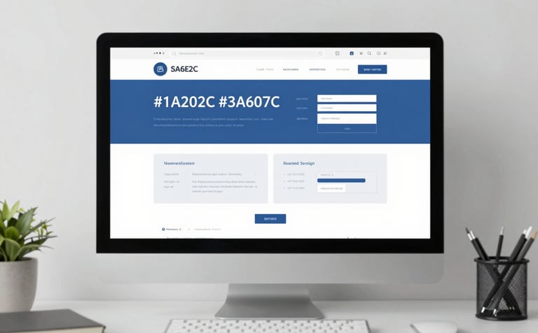 A clean, modern minimalist computer workspace showing a sleek website wireframe on a monitor screen. Mood: Confident and trustworthy professionalism. Colors: prominently featuring #1A202C, #3A607C, #9DB2BF, #F7F9FB.