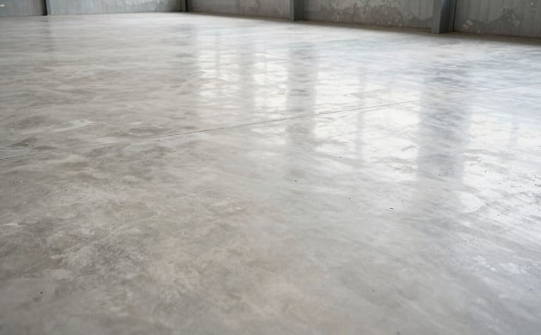 A wide, low-angle shot of a newly finished, polished industrial concrete floor inside a large warehouse in Brazil. The floor reflects soft off-white light, showcasing a professional, high-durability finish. The atmosphere is clean and industrial.