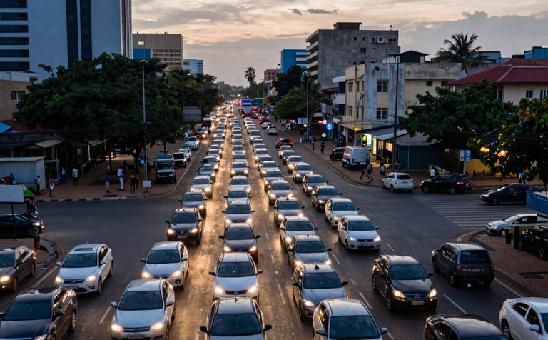 A high-angle view of a busy Abidjan intersection at sunset, showing a dense gridlock of cars with glowing headlights. The urban landscape includes modern buildings and tropical greenery. The mood is tense, highlighting the challenge of rapid ground response. Professional photography in medium blue and warm light tones.