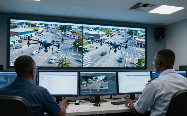 Interior of a high-tech security operations center. Two professional African / Ivorian operators are focused on large high-definition monitors displaying live aerial drone footage of a commercial zone. The lighting is cool blue and white, conveying high technology and professional authority.