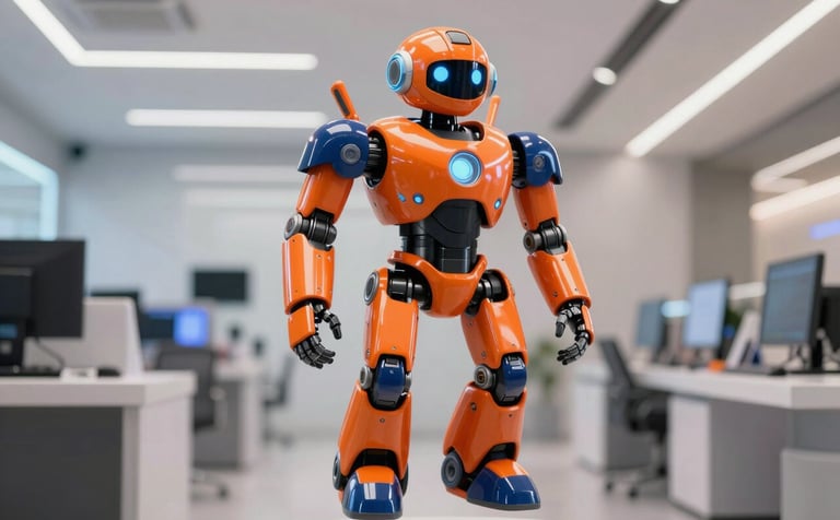 A friendly and high-tech mascot robot with sleek glowing vibrant orange and deep blue armor, floating in a clean, modern South American / Brazilian tech store environment, sharp focus, 8k resolution, cinematic lighting.