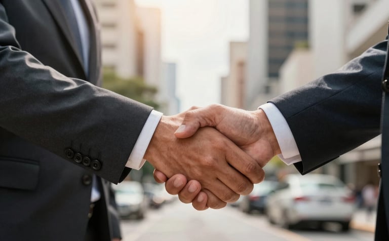 Close-up of a professional handshake between two people in business attire in a South American urban environment, symbolizing a successful car property transfer. The lighting is warm and bright.