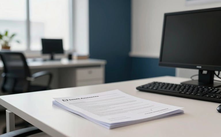 A bright, professional South American office interior with a desk holding vehicle documents and a computer. The setting is clean and efficient, with soft natural light and subtle dark blue and off-white accents in the room decor.