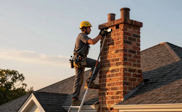A skilled mason repairing a brick chimney on the roof of a high-end North American / US home. The sunset lighting adds warmth to the chestnut brown bricks and cedar tan mortar joints.