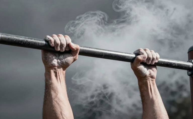 Close up of chalk-covered hands gripping a pull-up bar in a dark slate grey outdoor setting. Dramatic shadows, highlighting the grit and determination. Off-white atmospheric smoke in background.