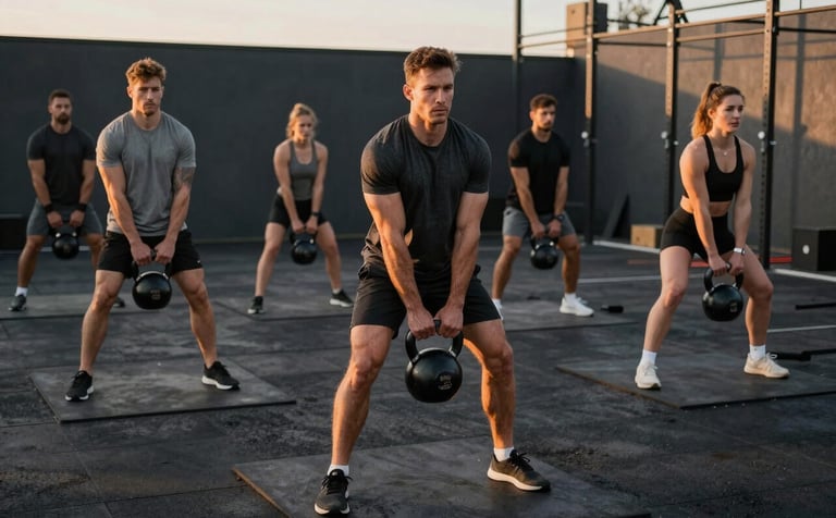 A group of focused athletes doing heavy kettlebell swings in a dark charcoal outdoor training compound. Golden light from the sunrise hitting their faces. Serious, high-performance atmosphere.
