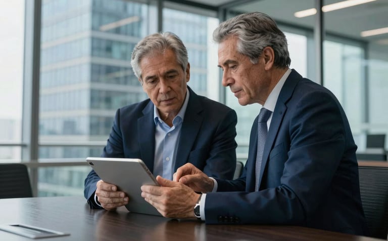 A sophisticated, professional photography shot of a glass-walled conference room in a North American high-rise. Two senior digital consultants are reviewing a prototype on a tablet. The mood is expert and confident, with a dark blue and silver aesthetic.