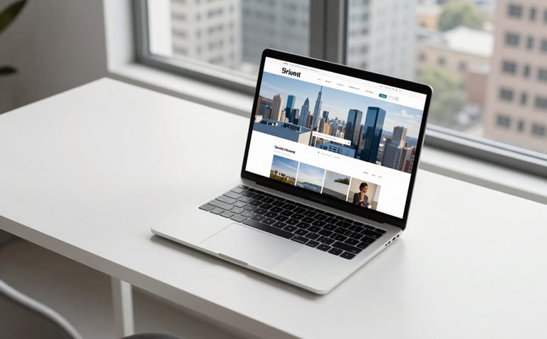 A crisp, high-angle photography shot of a sleek, modern home office in a North American city. A high-end laptop on a white desk displays a clean, responsive website interface. The lighting is bright and natural, coming from a large window. The color palette features soft blue and off-white tones.