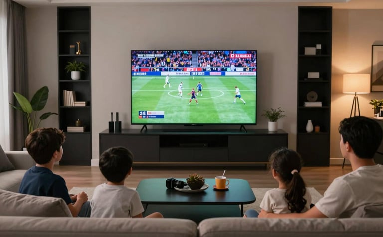 Cinematic shot of a North American living room at night where a family is enjoying a vivid sports broadcast on a large flat-screen television. Modern black and white interior decor with warm ambient lighting.