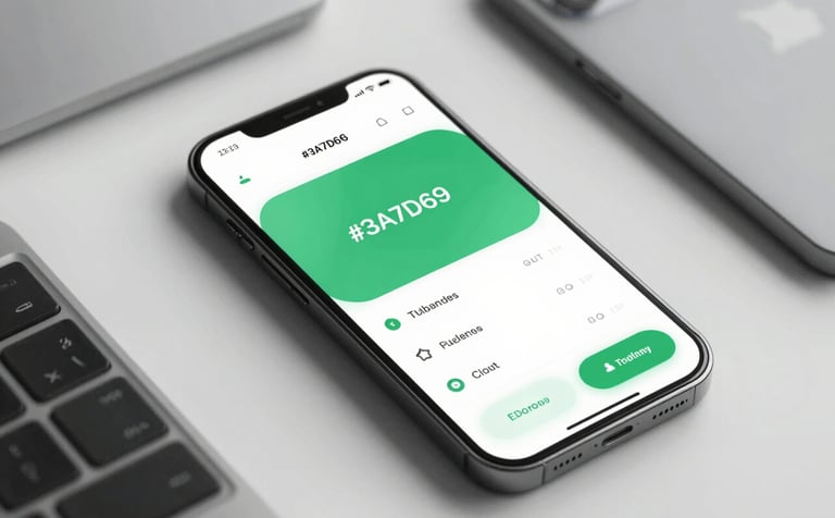 A modern smartphone display featuring a clean app interface with #3A7D69 accents, surrounded by professional digital tools. The style is trustworthy and sophisticated.