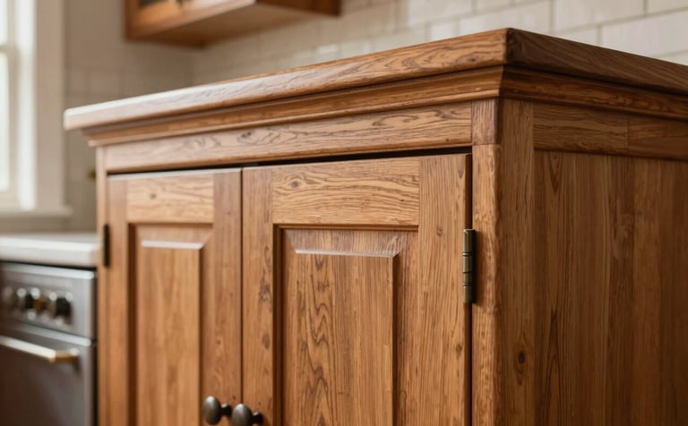 Handcrafted wooden cabinets in a bright kitchen. The shot showcases the fine joinery and detailed crown molding. Warm, professional lighting emphasizes the rich wood grain and the artisanal quality of the carpentry work in a North American / Hispanic home.