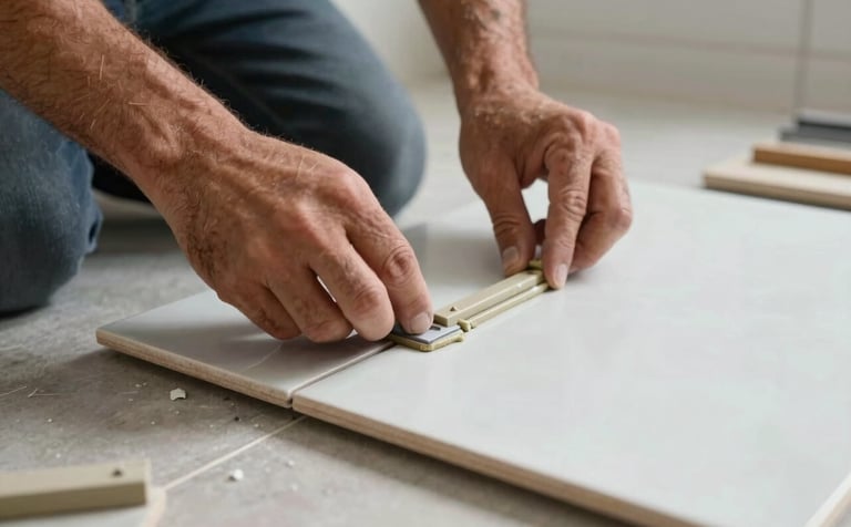 Close-up of a master craftsman's hands carefully setting a large porcelain tile on a bathroom floor. The composition focuses on the precision of the spacer and the thin-set mortar. Modern North American / Hispanic home setting.