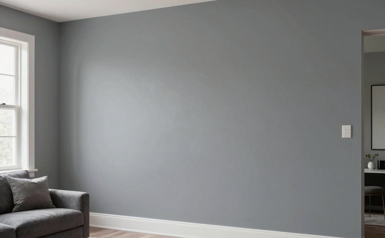 A professionally painted modern living room wall in a soft steel gray. The lighting is soft and natural from a side window, highlighting the smooth, flawless texture of the finish. North American / Hispanic interior styling with elegant minimalist decor.