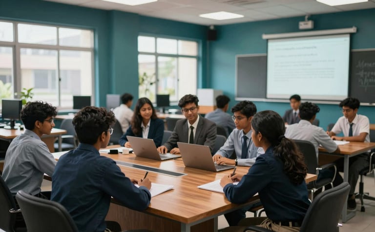 A wide-angle, professional photograph of a modern Sri Lankan higher education classroom. Students in professional attire are collaborating around a large wooden table. The room features high-tech equipment and large windows with natural light. The color palette incorporates deep teal accents (#0A2B2E) and warm wood tones resembling #B48C5B.