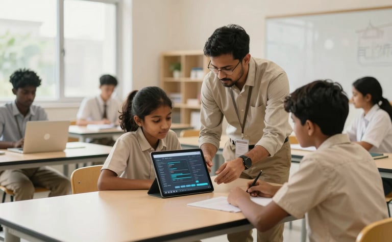 A medium shot of a diverse group of learners in a bright, innovative learning lab in Sri Lanka. A mentor is showing a student a digital project. The atmosphere is empowering and inclusive. The aesthetic uses the institution's beige #E0D7C4 and gold #B48C5B colors in the furniture and decor.