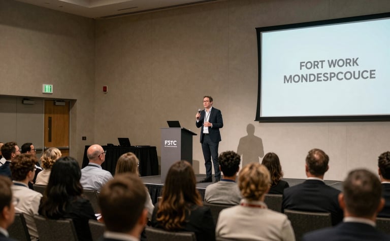 A high-energy photograph of a corporate conference in a Fort Worth convention hall. The image captures a speaker on stage with a professional audience in the foreground. The color palette features muted sage and warm beige tones from the interior decor, creating a sophisticated event atmosphere.