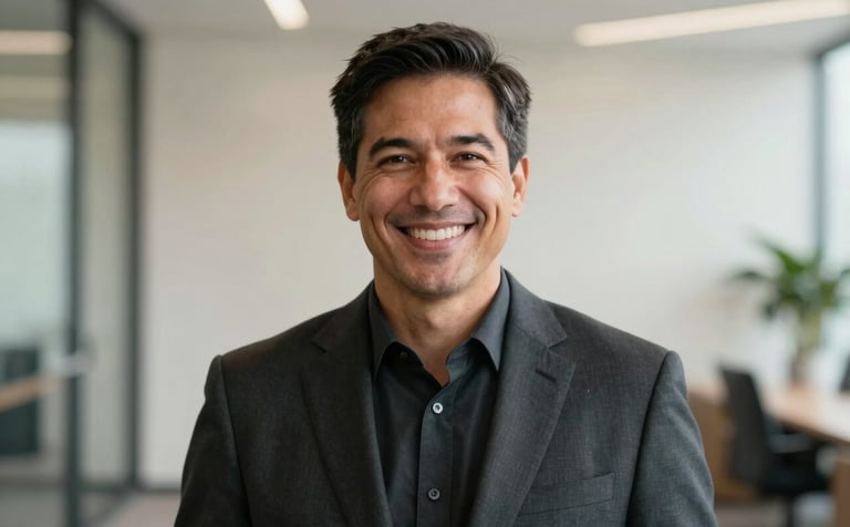 A sharp, professional corporate headshot of an executive smiling warmly, set against a blurred modern office background in Dallas. The lighting is soft and natural, emphasizing a trustworthy and professional look. The subject wears a dark charcoal suit that contrasts cleanly with the cream white background.