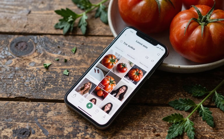 A close-up, top-down photograph of a rustic wooden table featuring a bowl of deep ripe crimson heirloom tomatoes and a smartphone displaying a curated social media feed. The lighting is soft and natural, emphasizing the textures of the food and the sleekness of the device. Touches of matte forest green herbs are scattered around.