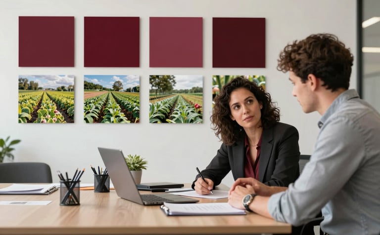 A collaborative office scene with a mood board featuring deep ripe crimson swatches and photos of local farms. Two professionals are discussing strategy over a crisp parchment-colored desk. The atmosphere is modern, creative, and professional, reflecting a sophisticated marketing agency.