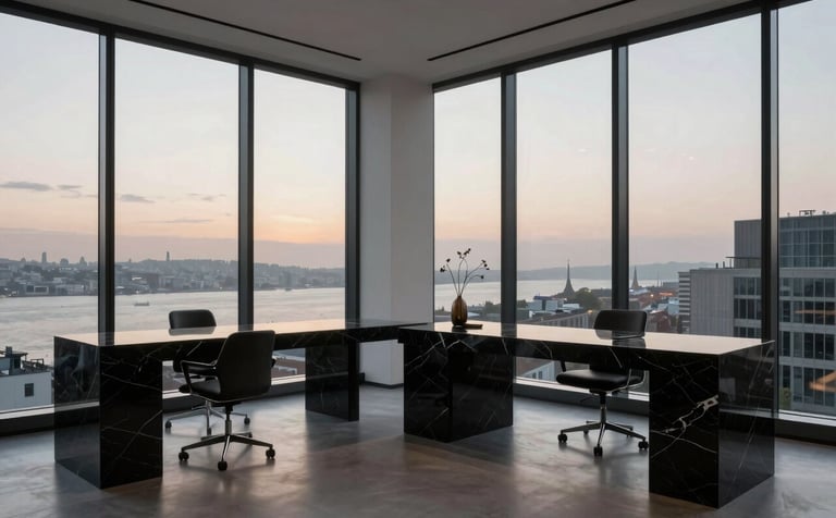 A minimalist, high-end design studio setting in Istanbul with floor-to-ceiling windows, sleek black marble surfaces, and soft evening lighting. The atmosphere is sophisticated and visionary, reflecting a global / international business hub.