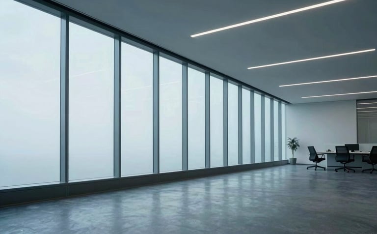 A wide-angle shot of a sleek, minimalist corporate office in a North American / International Business hub, featuring floor-to-ceiling windows and soft blue tones, representing a scalable workspace.
