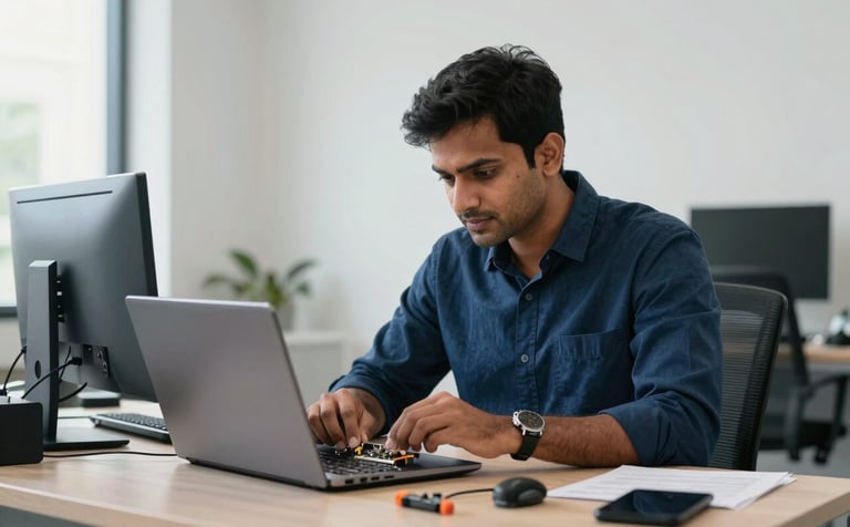 A focused IT professional in a clean, modern South Asian / Indian office workspace repairing a laptop. The scene is bright and professional, featuring tools and technical components in Steel Blue and Deep Midnight Blue accents.