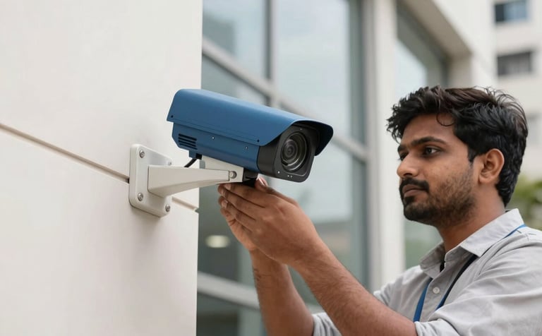 A professional technician in a modern South Asian / Indian city environment installing a sleek security camera on a white building facade. The lighting is crisp daylight, highlighting the reliability of the equipment. Brand colors of Steel Blue and Soft Off-White are visible in the background.