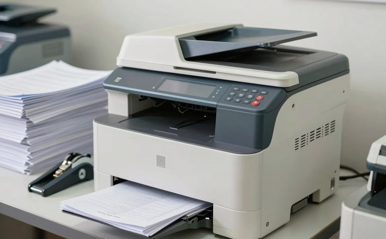 A high-performance digital photocopy machine in a contemporary South Asian / Indian service center. Neatly stacked documents and professional binding tools are nearby. Soft natural lighting highlights a clean aesthetic in Soft Off-White and Dusty Blue.