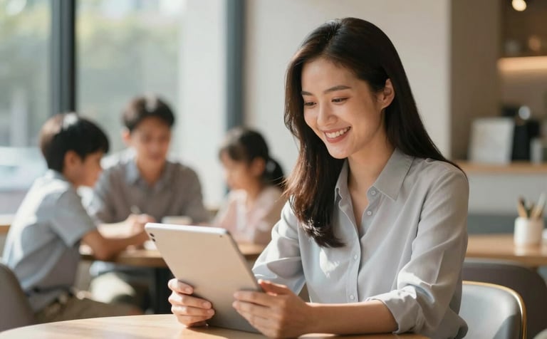 A happy Asian entrepreneur woman smiling broadly, sitting at a cafe with her family. She is holding a tablet but not working, looking relaxed. Soft morning sun, warm tones with #C4A5A8 and #F5F3F2 accents. A sense of total relief and life balance.