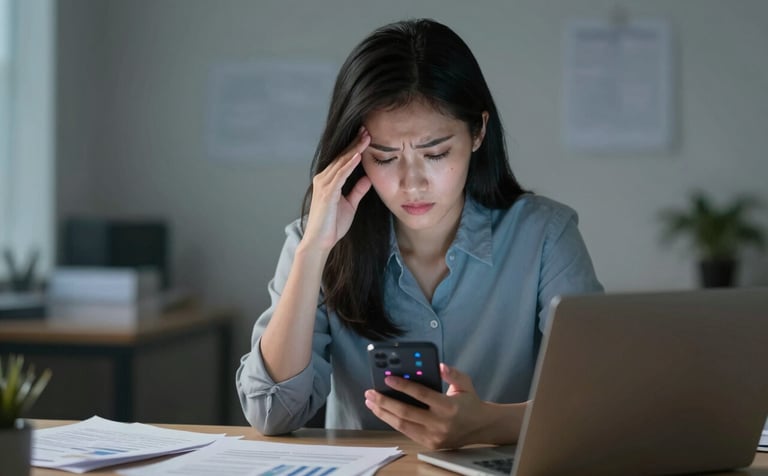 A close-up of a pretty Asian female entrepreneur sitting at a desk cluttered with paperwork and a laptop. She looks stressed, rubbing her temples while her phone screen glows with many notification icons in pink #C4A5A8 and blue #4E6D8F. Professional cinematic lighting with soft shadows.