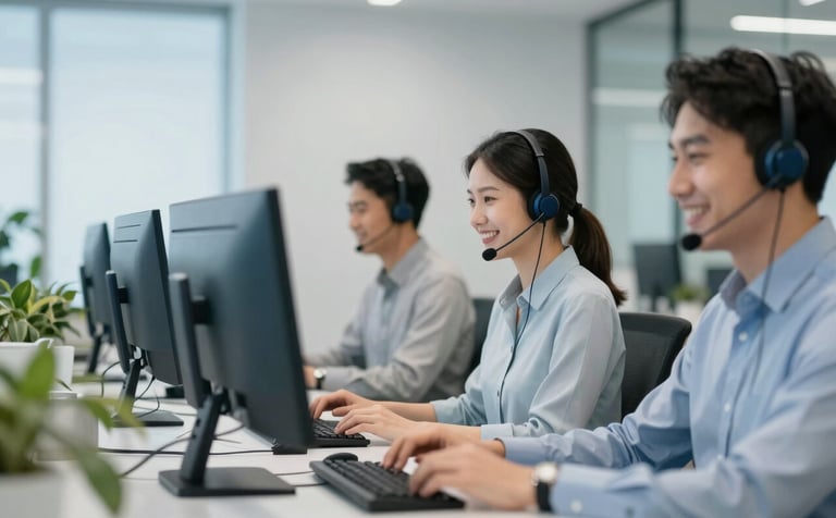The professional Smart Sphere office. A clean, modern environment featuring Asian staff members with headsets smiling and working efficiently on dual monitors. The room is decorated with brand colors #1D2B40 and #4E6D8F. The atmosphere is calm and focused.