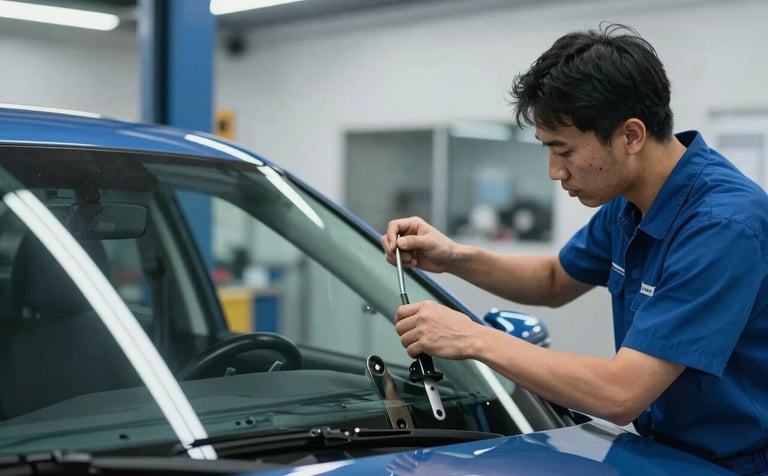 A professional photography shot of a technician in a modern North American / US auto shop precisely fitting a new windshield onto a premium vehicle. The lighting is clean and bright, emphasizing a professional and trustworthy environment with deep blue tones.