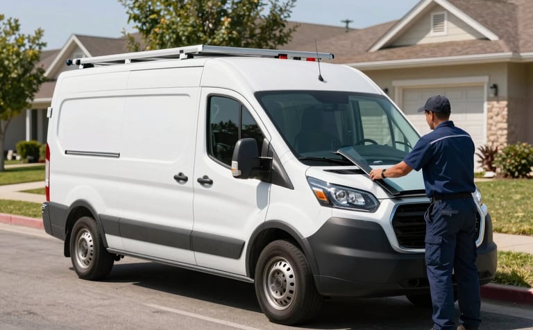 A white service van with professional navy blue decals parked on a bright suburban North American / US street. A technician in a clean uniform is retrieving a large windshield from the side rack. The lighting is crisp, evoking safety and professional service.