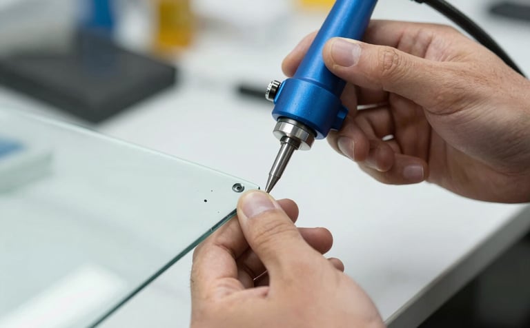 A close-up photograph of a precision resin injection tool being applied to a small windshield chip by a technician's hands. The setting is a bright, clean North American / US service bay with soft daylight. The focus is on the clarity of the glass and the metallic blue tool.