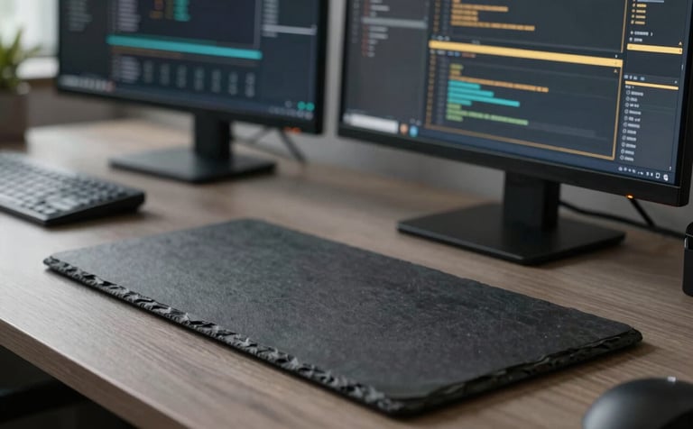 A close-up of a modern workstation with a clean charcoal slate finish. Multiple screens display complex data visualizations and coding interfaces with subtle gold accents in the UI. Cinematic, shallow depth of field.