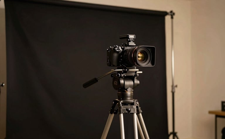 A cinematic shot of a professional production studio. A high-end camera stands on a tripod against an obsidian black backdrop, illuminated by soft gold rim lighting. Elegant and premium feel.